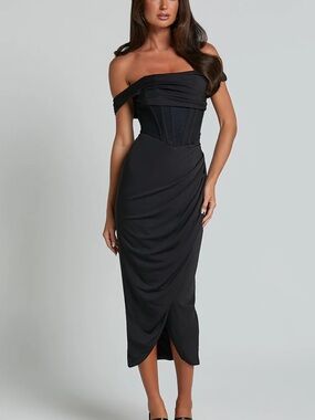 Showpo Black Off-Shoulder Corset Midi Dress